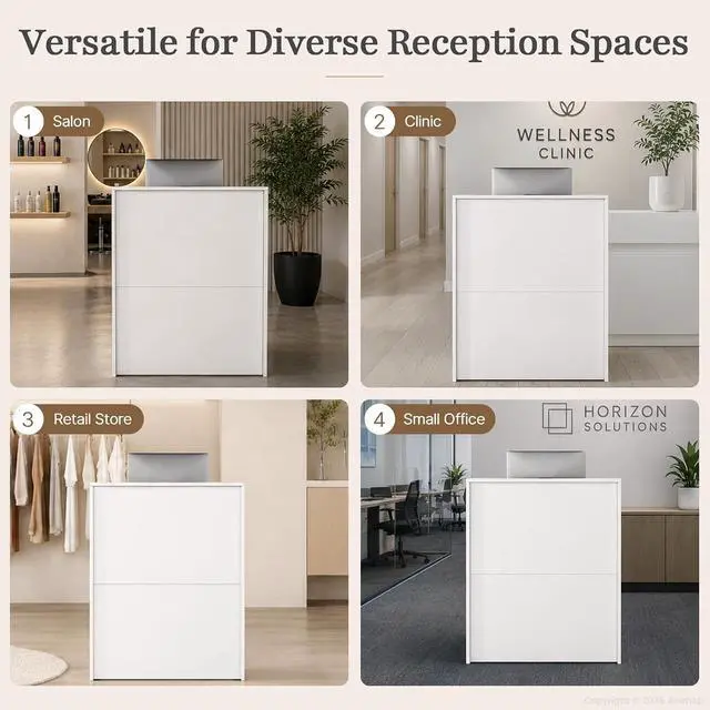 Alt view image 7 of 7 - 39.3" White Reception Desk with Counter, Small Receptionist Desk with 2 Locking Drawers and Open Lower Storage Shelf for Office, Salon, Retail (39.37" L x 14.96" W x 36.22" H)