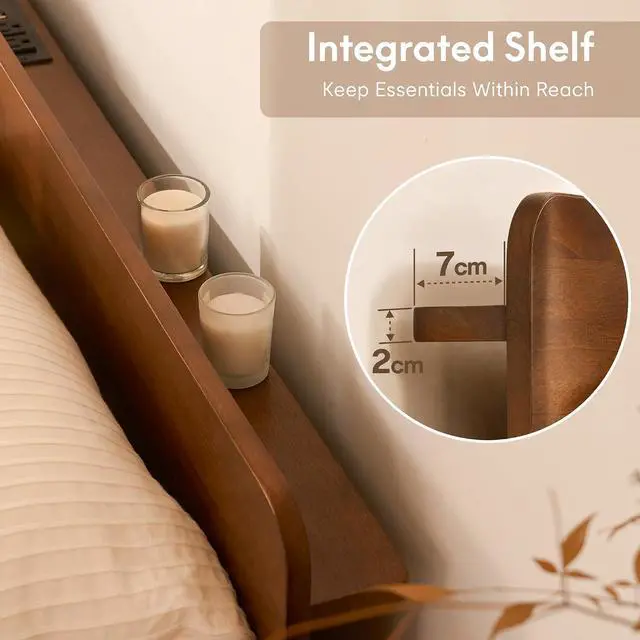 Alt view image 5 of 7 - Hako G1 Solid Wood Platform Bed Frame Queen, Rubberwood, Tool-Free Assembly, 1500 lbs Heavy Duty, Storage Headboard with Charging Station, Low Profile Japandi Minimalist Design, Brown