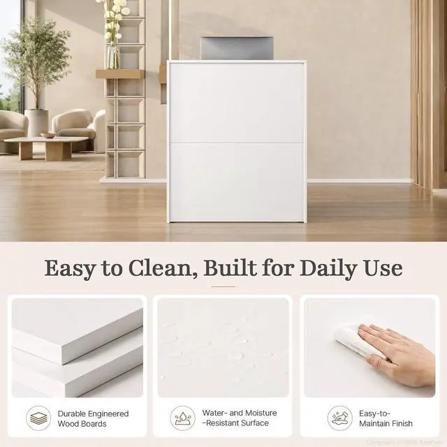 Alt view image 6 of 7 - 39.3" White Reception Desk with Counter, Small Receptionist Desk with 2 Locking Drawers and Open Lower Storage Shelf for Office, Salon, Retail (39.37" L x 14.96" W x 36.22" H)