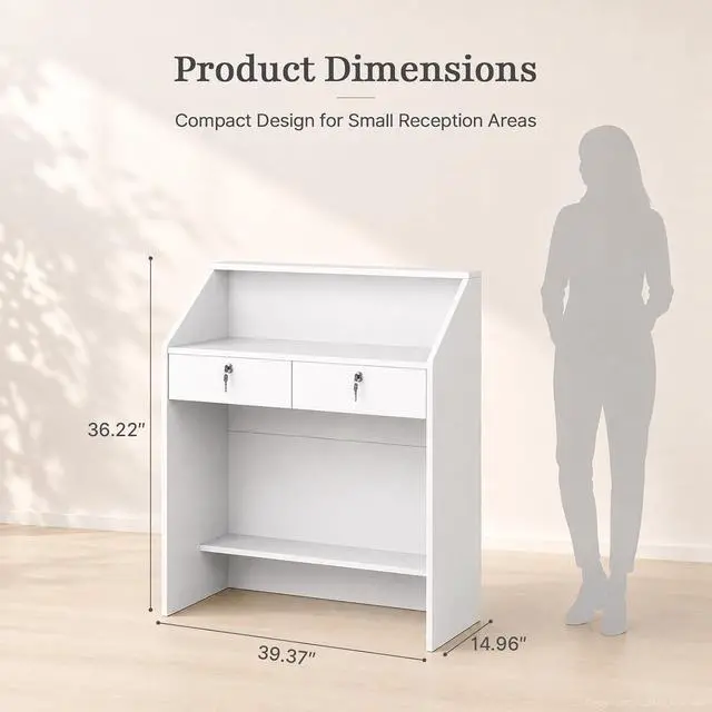 Alt view image 2 of 7 - 39.3" White Reception Desk with Counter, Small Receptionist Desk with 2 Locking Drawers and Open Lower Storage Shelf for Office, Salon, Retail (39.37" L x 14.96" W x 36.22" H)