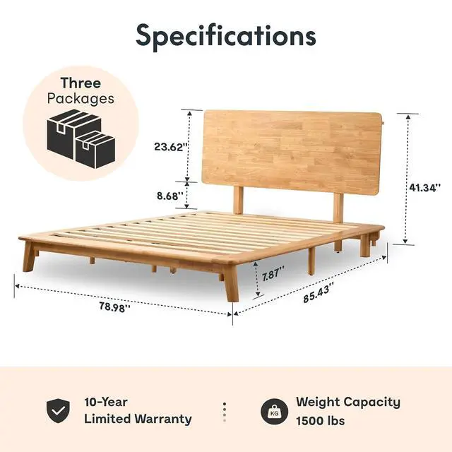 Alt view image 2 of 7 - Hako G1 1500Ibs Solid Wood Platform Bed Frame King,Rubberwood,Tool-Free Fast Assembly,Low Profile Floating,Storage Shelf&Charging Station,Modern Scandinavian Japanese Minimalist, Natural Oak