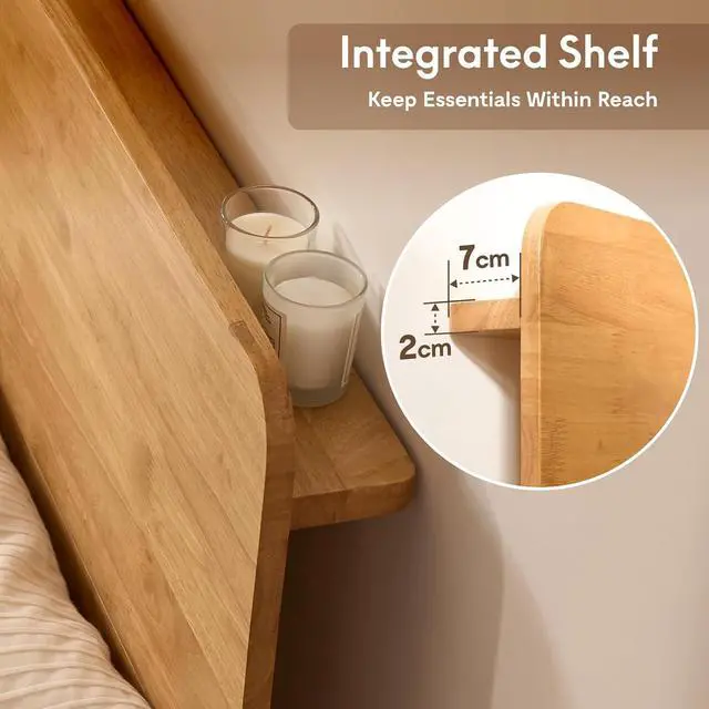 Alt view image 6 of 7 - Hako G1 1500Ibs Solid Wood Platform Bed Frame King,Rubberwood,Tool-Free Fast Assembly,Low Profile Floating,Storage Shelf&Charging Station,Modern Scandinavian Japanese Minimalist, Natural Oak