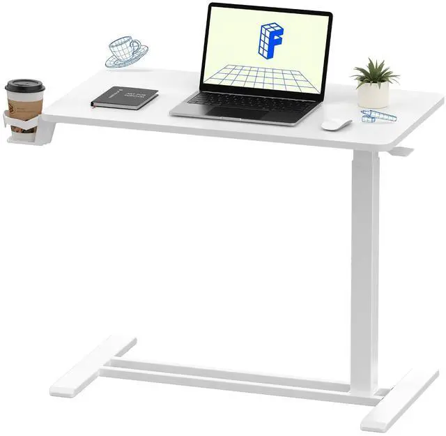 Main image of H7 Adjustable Overbed Bedside Table with Wheels Pneumatic Mobile Standing Laptop Desk Rolling Computer Cart Movable Overbed Table Hospital Home Use (31.5" W x 17.7" D, White Large)