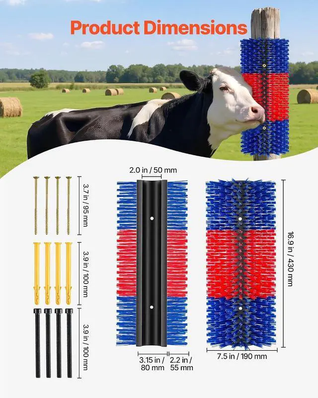 Alt view image 7 of 7 - Livestock Scratching Brush, 3PCS Goat Scratcher Brush Post with 12 Screws, 16.9" x 7.5" Cow Scratcher for Back Itch Relief, Massage Grooming Scratch Tool for Horse Cattle Sheep Pig, Blue & Red