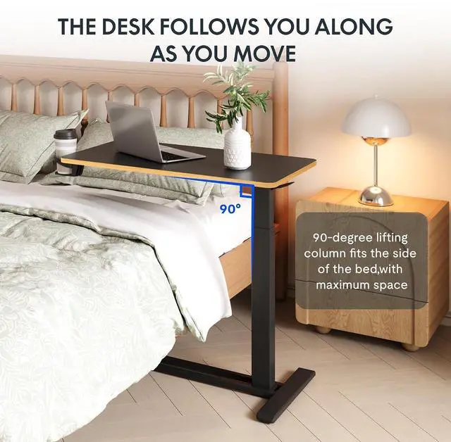 Alt view image 4 of 7 - H7 Adjustable Overbed Bedside Table with Wheels Pneumatic Mobile Standing Desk Laptop Desk Rolling Computer Cart Movable Overbed Table Hospital Home Use(31.5" W x 17.7" D, Black Maple Large)