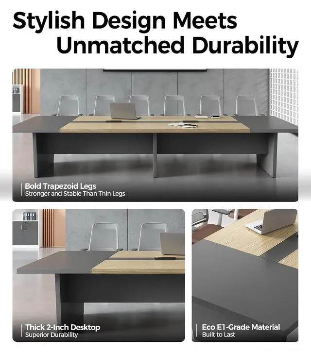 Alt view image 5 of 7 - 10FT Conference Table for 10 People, Executive Office Table, Rectangular Boardroom Meeting Table with Built-in Power Outlets & USB Ports, 2" Thick Tabletop (Oak & Gray, 118" L * 51" W * 30" H)