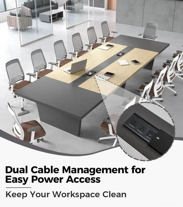Alt view image 4 of 7 - 10FT Conference Table for 10 People, Executive Office Table, Rectangular Boardroom Meeting Table with Built-in Power Outlets & USB Ports, 2" Thick Tabletop (Oak & Gray, 118" L * 51" W * 30" H)