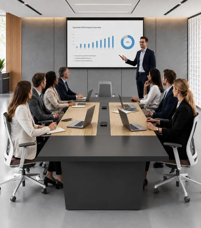 Alt view image 3 of 7 - 10FT Conference Table for 10 People, Executive Office Table, Rectangular Boardroom Meeting Table with Built-in Power Outlets & USB Ports, 2" Thick Tabletop (Oak & Gray, 118" L * 51" W * 30" H)