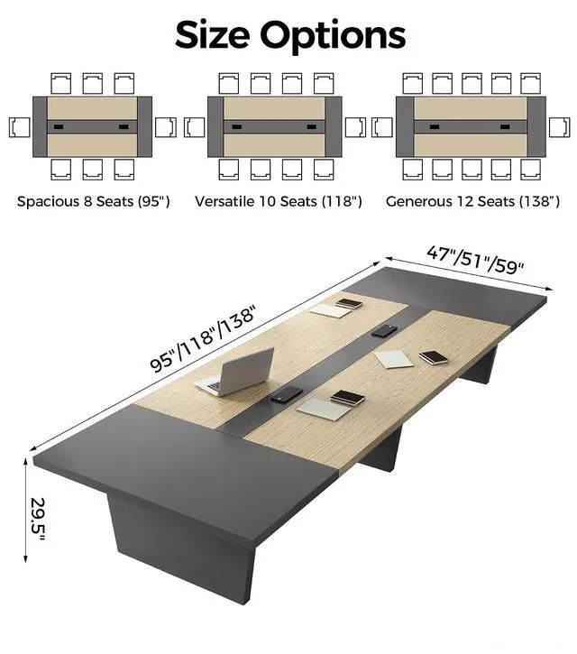 Alt view image 2 of 7 - 10FT Conference Table for 10 People, Executive Office Table, Rectangular Boardroom Meeting Table with Built-in Power Outlets & USB Ports, 2" Thick Tabletop (Oak & Gray, 118" L * 51" W * 30" H)