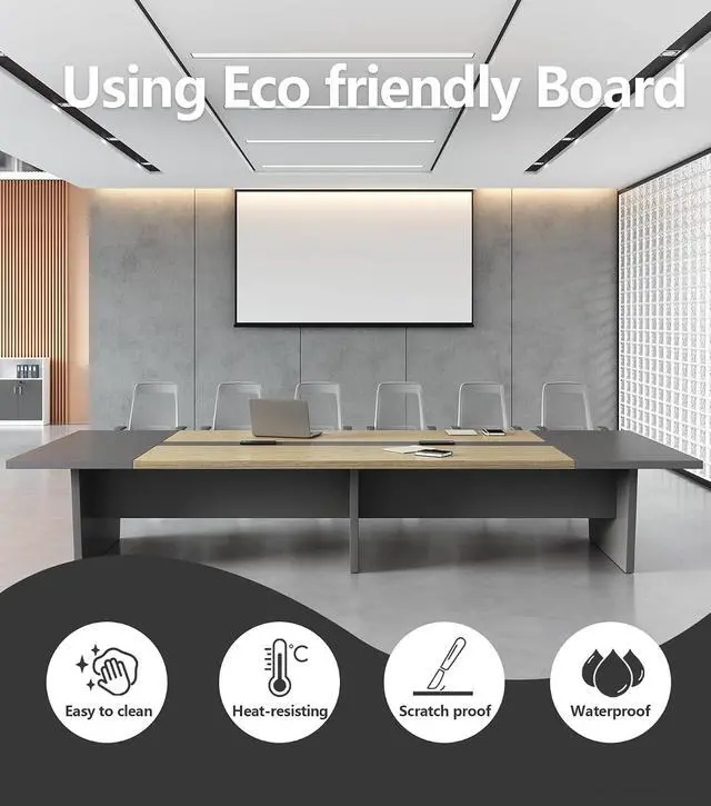 Alt view image 7 of 7 - 10FT Conference Table for 10 People, Executive Office Table, Rectangular Boardroom Meeting Table with Built-in Power Outlets & USB Ports, 2" Thick Tabletop (Oak & Gray, 118" L * 51" W * 30" H)