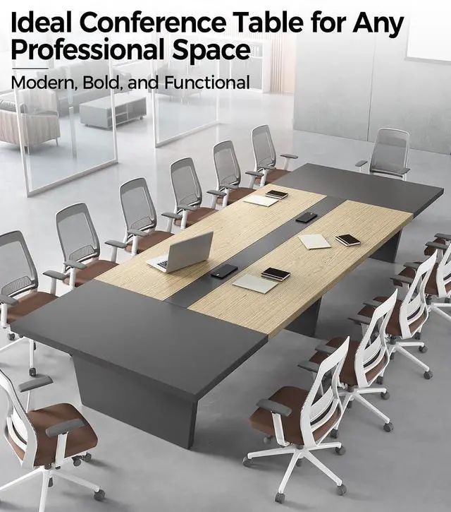 Alt view image 6 of 7 - 10FT Conference Table for 10 People, Executive Office Table, Rectangular Boardroom Meeting Table with Built-in Power Outlets & USB Ports, 2" Thick Tabletop (Oak & Gray, 118" L * 51" W * 30" H)