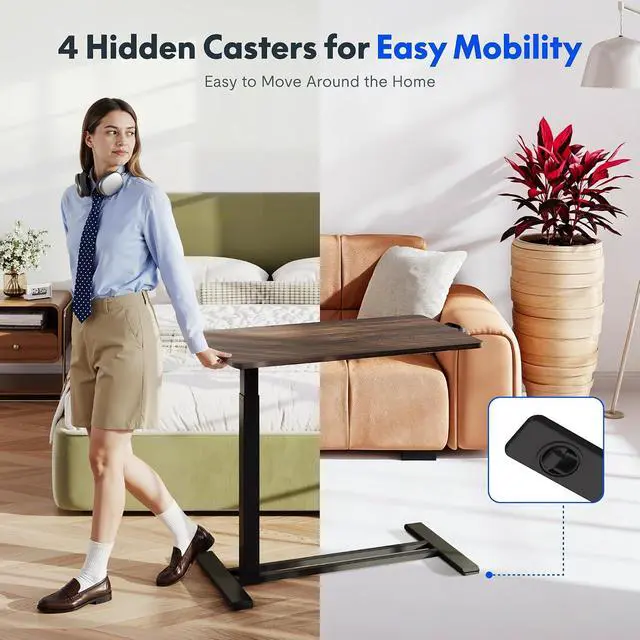 Alt view image 5 of 7 - H7 Adjustable Overbed Bedside Table with Wheels Pneumatic Mobile Standing Desk Laptop Desk Rolling Computer Cart Movable Table Hospital Home Use(27.6" W x 15.7" D, Mahogany Table)
