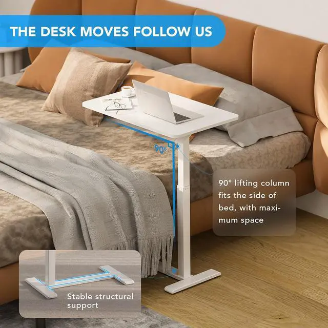 Alt view image 7 of 7 - H7 Adjustable Overbed Bedside Table with Wheels Pneumatic Mobile Standing Laptop Desk Rolling Computer Cart Movable Overbed Table Hospital Home Use (31.5" W x 17.7" D, White Large)