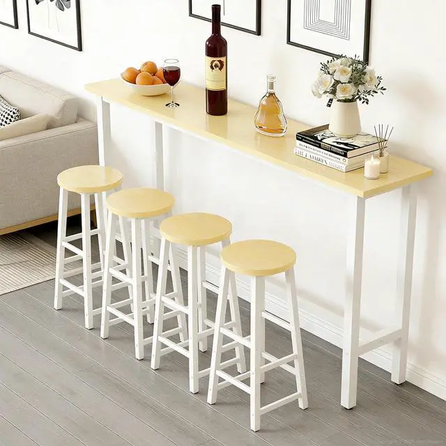 Main image of Bar Table with 4 Stools, 5-Piece Bar Table and Chairs Set with Sturdy Steel Frame for Kitchen, Cafe, Dining Room, Apartment (White & Maple)