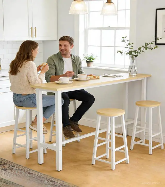 Alt view image 3 of 7 - Bar Table with 4 Stools, 5-Piece Bar Table and Chairs Set with Sturdy Steel Frame for Kitchen, Cafe, Dining Room, Apartment (White & Maple)