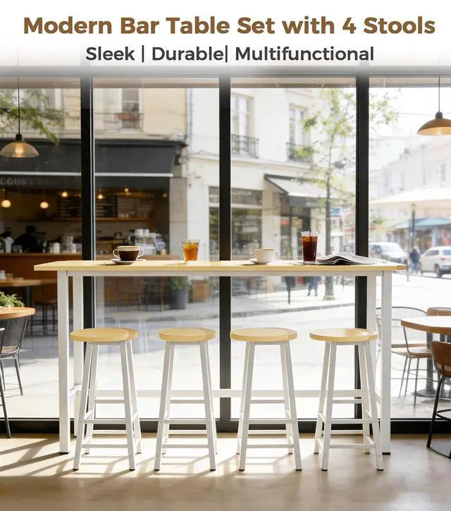 Alt view image 4 of 7 - Bar Table with 4 Stools, 5-Piece Bar Table and Chairs Set with Sturdy Steel Frame for Kitchen, Cafe, Dining Room, Apartment (White & Maple)