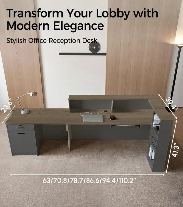 Alt view image 2 of 7 - Modern L-Shaped Reception Desk with Counter - 79 Inches Front Desk with Storage Cabinet, Open Shelves, Lockable Drawer & Keyboard Tray for Office, Lobby, Checkout (Tobacco Wood & Iron Gray - Right)