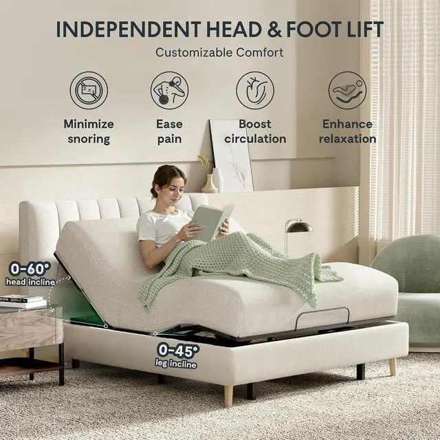 Alt view image 2 of 6 - Adjustable Bed Frame Base Split King, Head & Foot Incline, Zero Gravity, One-Touch Flat, 2 Memory Settings, Wireless Remote, Whisper Quiet Durable Motor, Mattress Holder, S2E-PRO