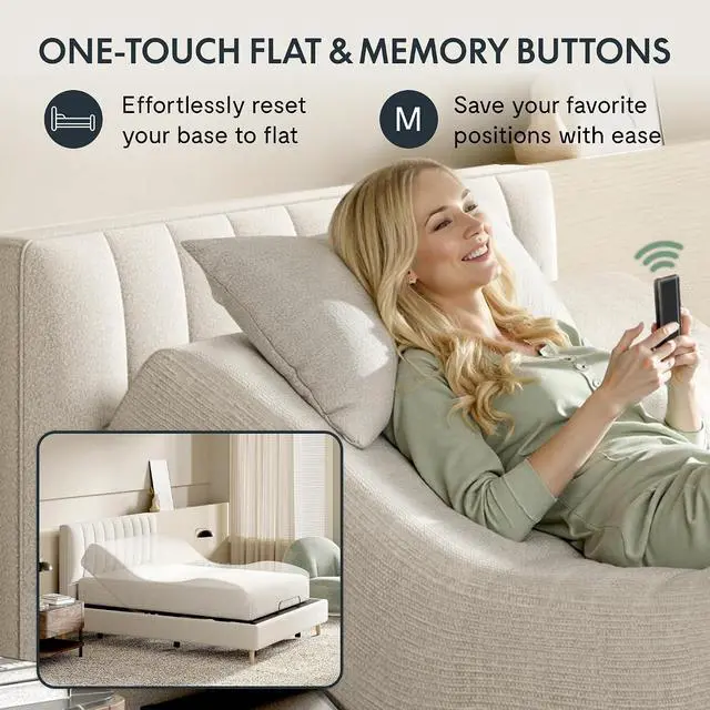 Alt view image 4 of 6 - Adjustable Bed Frame Base Split King, Head & Foot Incline, Zero Gravity, One-Touch Flat, 2 Memory Settings, Wireless Remote, Whisper Quiet Durable Motor, Mattress Holder, S2E-PRO