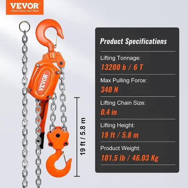 Alt view image 7 of 7 - Manual Lever Chain Hoist, 6 Ton 13200 lbs Capacity 20 FT Come Along, G80 Galvanized Carbon Steel with Weston Double-Pawl Brake, Auto Chain Leading & 360° Rotation Hook, for Garage Factory Dock