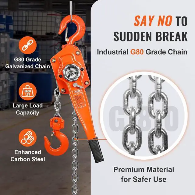 Alt view image 4 of 7 - Manual Lever Chain Hoist, 3 Ton 6600 lbs Capacity 20 FT Come Along, G80 Galvanized Carbon Steel with Weston Double-Pawl Brake, Auto Chain Leading & 360° Rotation Hook, for Garage Factory Dock