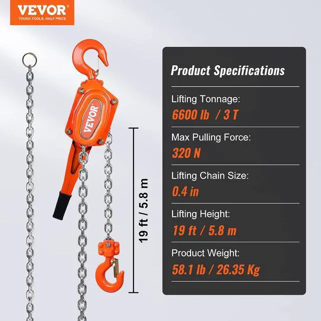 Alt view image 7 of 7 - Manual Lever Chain Hoist, 3 Ton 6600 lbs Capacity 20 FT Come Along, G80 Galvanized Carbon Steel with Weston Double-Pawl Brake, Auto Chain Leading & 360° Rotation Hook, for Garage Factory Dock
