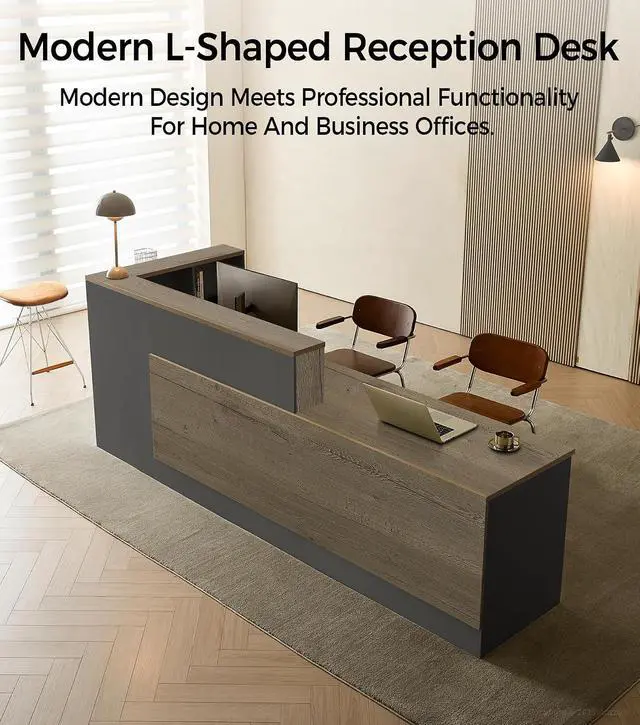 Alt view image 3 of 7 - Modern L-Shaped Reception Desk with Counter - 79 Inches Front Desk with Storage Cabinet, Open Shelves, Lockable Drawer & Keyboard Tray for Office, Lobby, Checkout (Tobacco Wood & Iron Gray - Right)