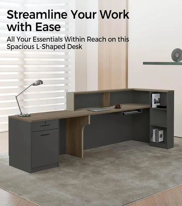 Alt view image 4 of 7 - Modern L-Shaped Reception Desk with Counter - 79 Inches Front Desk with Storage Cabinet, Open Shelves, Lockable Drawer & Keyboard Tray for Office, Lobby, Checkout (Tobacco Wood & Iron Gray - Right)