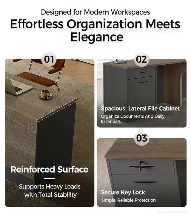 Alt view image 5 of 7 - Modern L-Shaped Reception Desk with Counter - 79 Inches Front Desk with Storage Cabinet, Open Shelves, Lockable Drawer & Keyboard Tray for Office, Lobby, Checkout (Tobacco Wood & Iron Gray - Right)