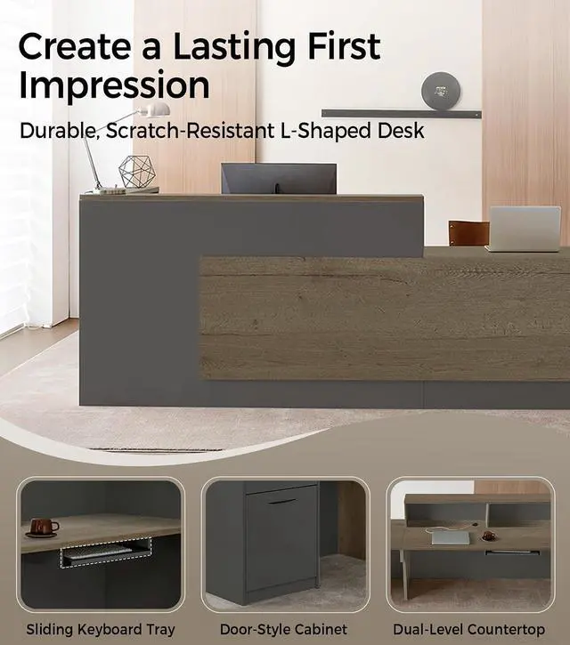 Alt view image 6 of 7 - Modern L-Shaped Reception Desk with Counter - 79 Inches Front Desk with Storage Cabinet, Open Shelves, Lockable Drawer & Keyboard Tray for Office, Lobby, Checkout (Tobacco Wood & Iron Gray - Right)
