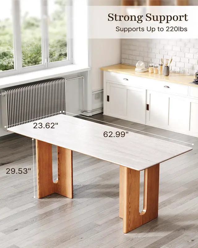 Alt view image 2 of 7 - 62.9 Inch Dining Table for 4-6 People, Rectangular Kitchen Table with Solid Wood Legs & Sintered Stone Tabletop, Modern Dinner Table for Dining Room, Kitchen, Living Room, 23.62"D x 62.99"W x 29.53"H