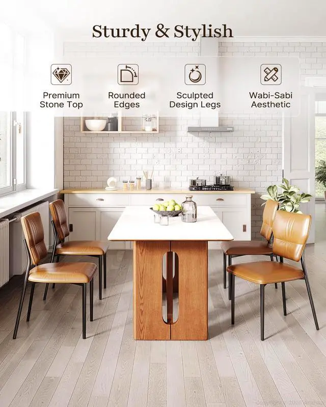 Alt view image 3 of 7 - 62.9 Inch Dining Table for 4-6 People, Rectangular Kitchen Table with Solid Wood Legs & Sintered Stone Tabletop, Modern Dinner Table for Dining Room, Kitchen, Living Room, 23.62"D x 62.99"W x 29.53"H