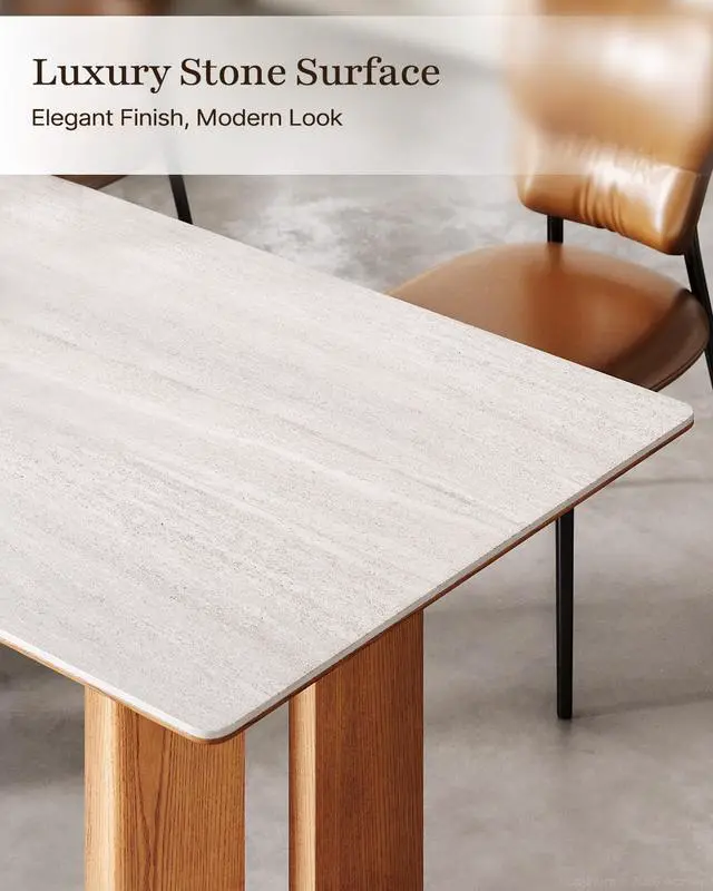 Alt view image 4 of 7 - 62.9 Inch Dining Table for 4-6 People, Rectangular Kitchen Table with Solid Wood Legs & Sintered Stone Tabletop, Modern Dinner Table for Dining Room, Kitchen, Living Room, 23.62"D x 62.99"W x 29.53"H