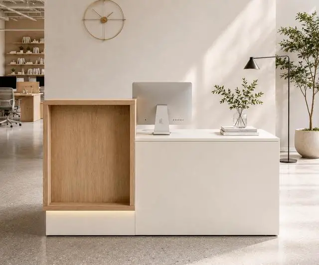 Main image of 79" Two Person Reception Desk with LED Lights & Keyboard Tray, Front Desk Reception Counter with Lockable Drawer, Enclosed Cabinet & Cable Grommet for Office, Salon, Clinic (Right)