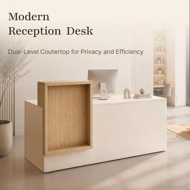 Alt view image 3 of 7 - 79" Two Person Reception Desk with LED Lights & Keyboard Tray, Front Desk Reception Counter with Lockable Drawer, Enclosed Cabinet & Cable Grommet for Office, Salon, Clinic (Right)