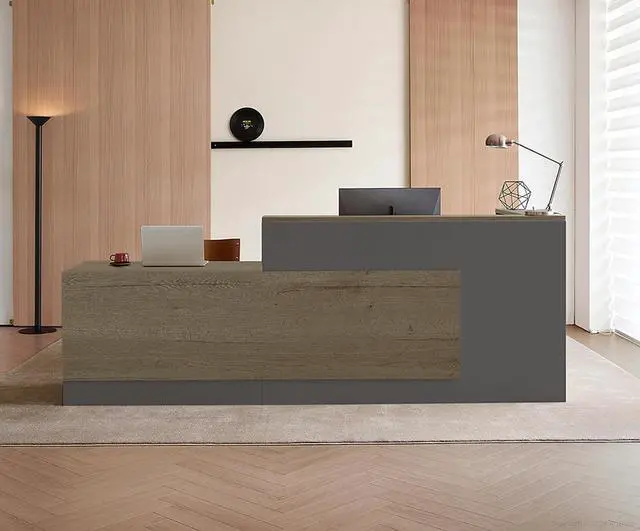 Main image of Modern L-Shaped Reception Desk with Counter - 63 Inches Front Desk with Storage Cabinet, Open Shelves, Lockable Drawer & Keyboard Tray for Office, Lobby, Checkout (Tobacco Wood & Iron Gray - Left)