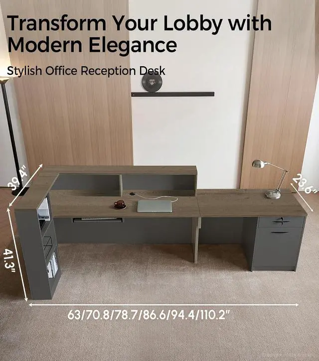 Alt view image 2 of 7 - Modern L-Shaped Reception Desk with Counter - 63 Inches Front Desk with Storage Cabinet, Open Shelves, Lockable Drawer & Keyboard Tray for Office, Lobby, Checkout (Tobacco Wood & Iron Gray - Left)
