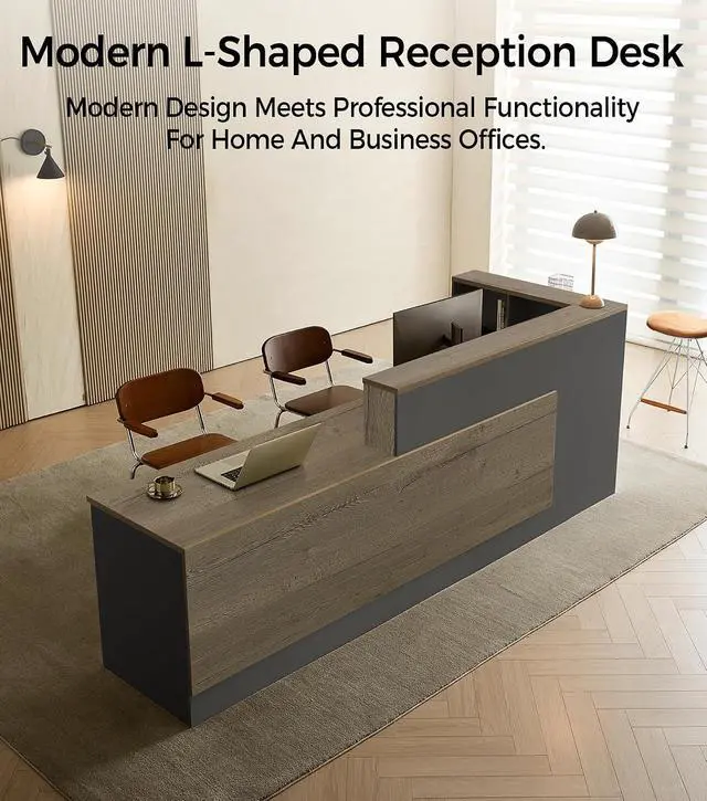 Alt view image 3 of 7 - Modern L-Shaped Reception Desk with Counter - 63 Inches Front Desk with Storage Cabinet, Open Shelves, Lockable Drawer & Keyboard Tray for Office, Lobby, Checkout (Tobacco Wood & Iron Gray - Left)