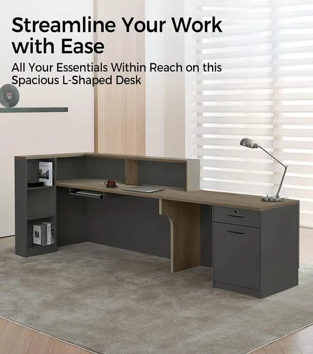 Alt view image 4 of 7 - Modern L-Shaped Reception Desk with Counter - 63 Inches Front Desk with Storage Cabinet, Open Shelves, Lockable Drawer & Keyboard Tray for Office, Lobby, Checkout (Tobacco Wood & Iron Gray - Left)