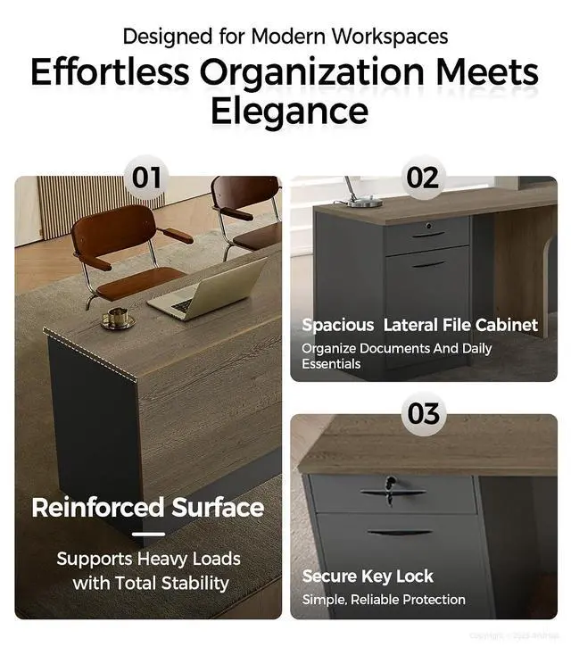 Alt view image 5 of 7 - Modern L-Shaped Reception Desk with Counter - 63 Inches Front Desk with Storage Cabinet, Open Shelves, Lockable Drawer & Keyboard Tray for Office, Lobby, Checkout (Tobacco Wood & Iron Gray - Left)