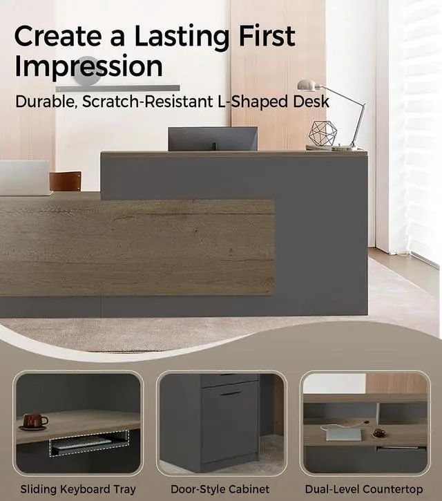 Alt view image 6 of 7 - Modern L-Shaped Reception Desk with Counter - 63 Inches Front Desk with Storage Cabinet, Open Shelves, Lockable Drawer & Keyboard Tray for Office, Lobby, Checkout (Tobacco Wood & Iron Gray - Left)