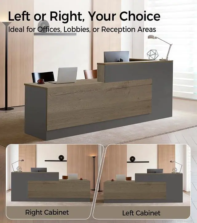 Alt view image 7 of 7 - Modern L-Shaped Reception Desk with Counter - 63 Inches Front Desk with Storage Cabinet, Open Shelves, Lockable Drawer & Keyboard Tray for Office, Lobby, Checkout (Tobacco Wood & Iron Gray - Left)
