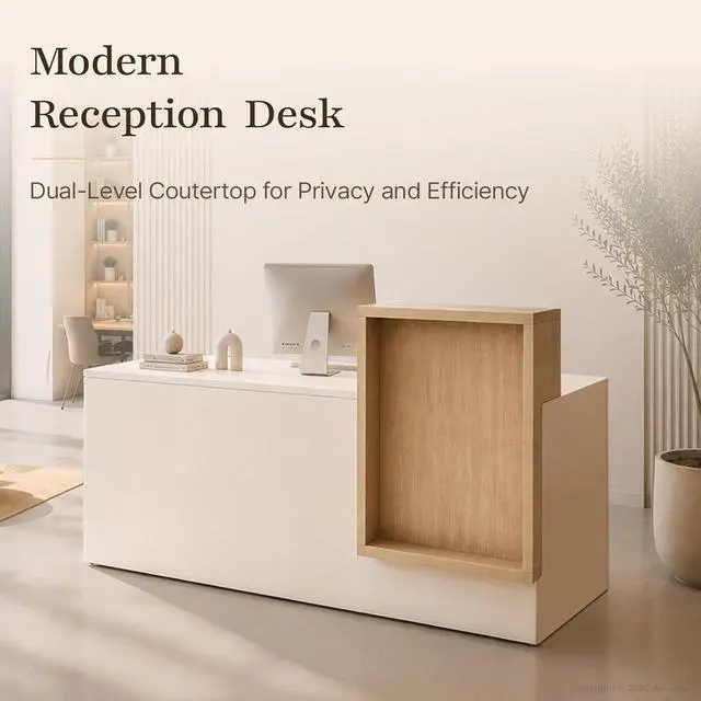 Alt view image 3 of 7 - 79" Two Person Reception Desk with LED Lights & Keyboard Tray, Front Desk Reception Counter with Lockable Drawer, Enclosed Cabinet & Cable Grommet for Office, Salon, Clinic (Left)