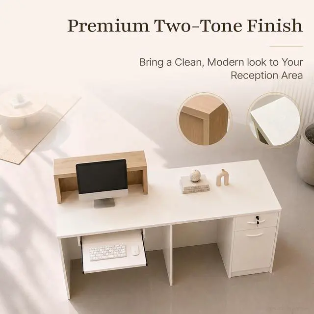 Alt view image 5 of 7 - 79" Two Person Reception Desk with LED Lights & Keyboard Tray, Front Desk Reception Counter with Lockable Drawer, Enclosed Cabinet & Cable Grommet for Office, Salon, Clinic (Left)