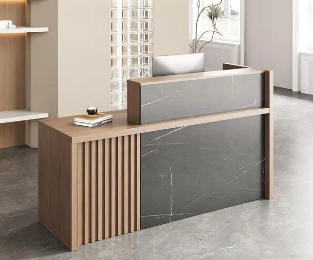 Main image of 71" L-Shaped Reception Desk with Counter Front Desk Reception Counter with Lockable Drawer, Storage Cabinet & Cable Grommet for Office, Lobby, Checkout (Walnut & Stone Gray)