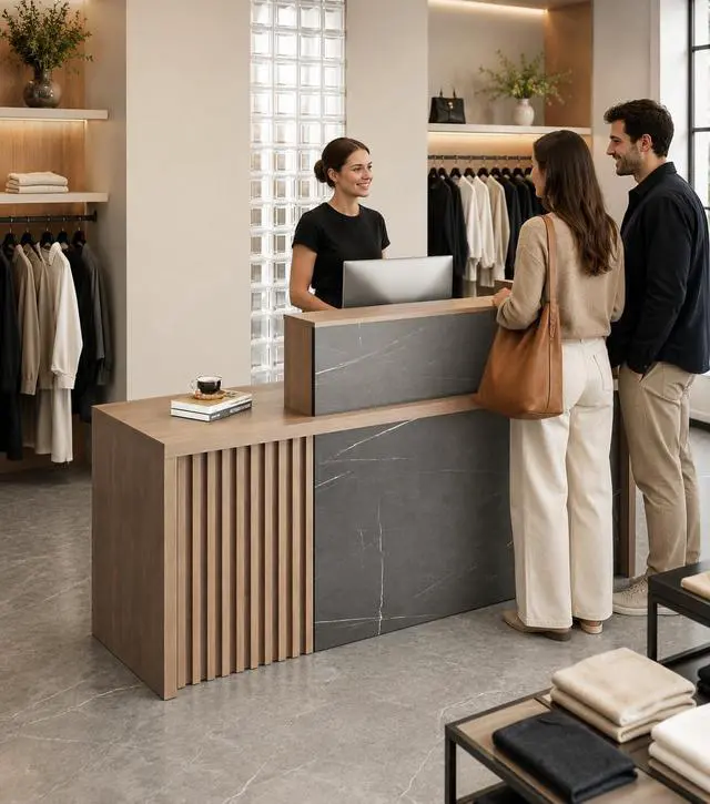Alt view image 7 of 7 - 71" L-Shaped Reception Desk with Counter Front Desk Reception Counter with Lockable Drawer, Storage Cabinet & Cable Grommet for Office, Lobby, Checkout (Walnut & Stone Gray)