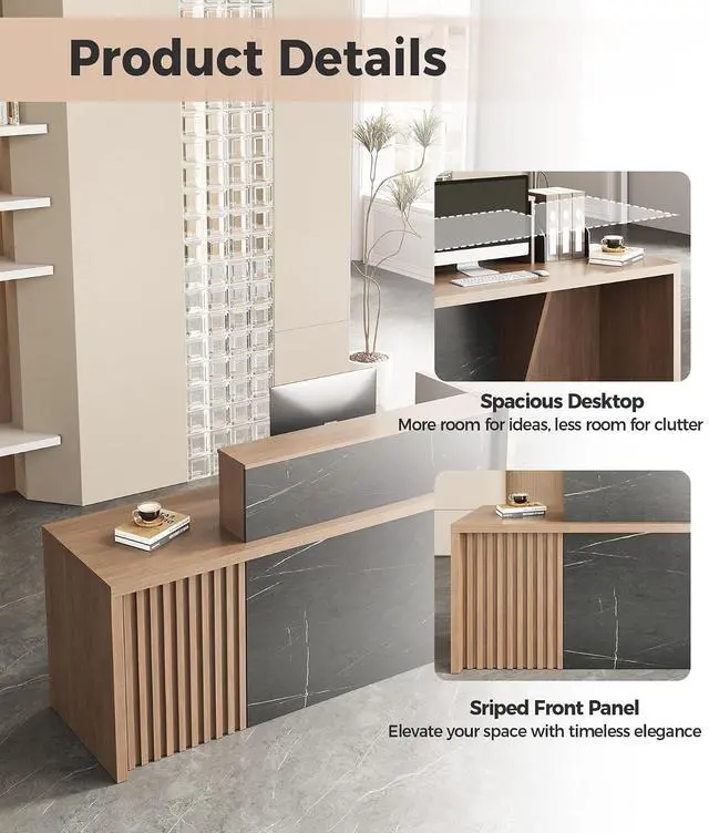 Alt view image 3 of 7 - 71" L-Shaped Reception Desk with Counter Front Desk Reception Counter with Lockable Drawer, Storage Cabinet & Cable Grommet for Office, Lobby, Checkout (Walnut & Stone Gray)