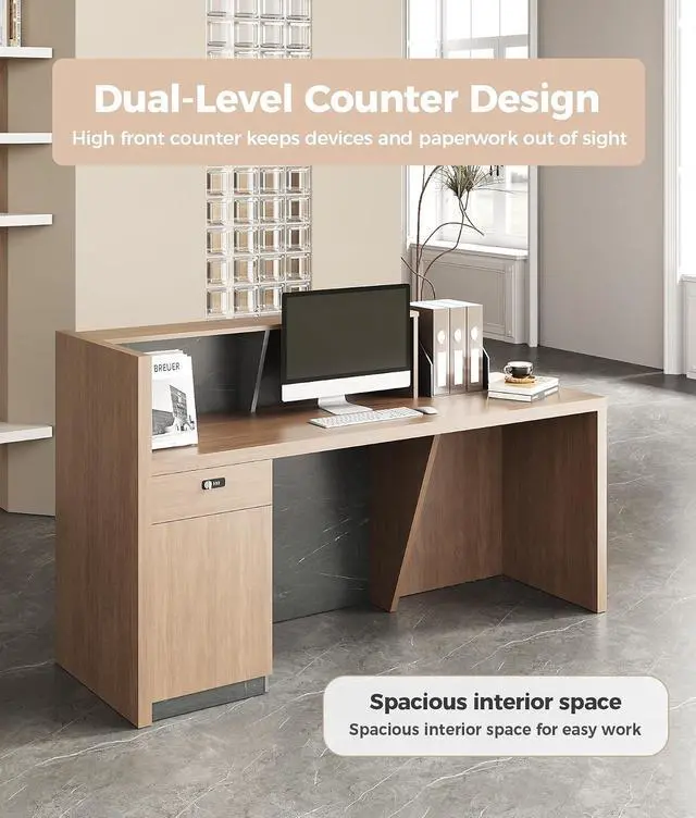 Alt view image 5 of 7 - 71" L-Shaped Reception Desk with Counter Front Desk Reception Counter with Lockable Drawer, Storage Cabinet & Cable Grommet for Office, Lobby, Checkout (Walnut & Stone Gray)