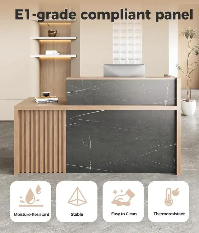 Alt view image 6 of 7 - 71" L-Shaped Reception Desk with Counter Front Desk Reception Counter with Lockable Drawer, Storage Cabinet & Cable Grommet for Office, Lobby, Checkout (Walnut & Stone Gray)