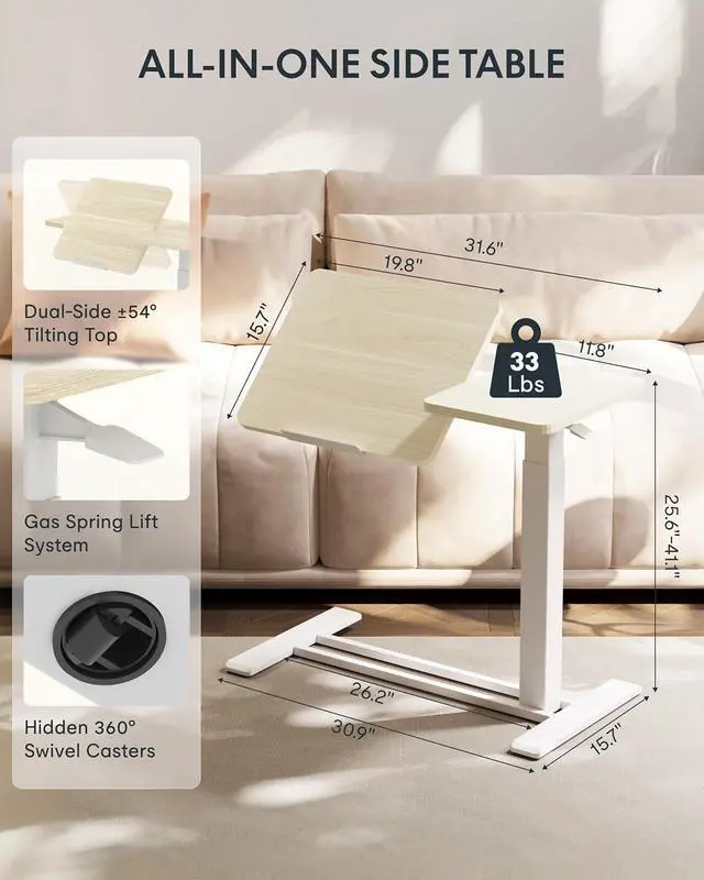 Alt view image 3 of 7 - Adjustable Height C-Shaped End Table with Split Tilting Top Mobile Side Table for Sofa & Bedside, Slides Under Furniture, Hidden Wheels for Small Spaces(31.6"W x 15.7"D,White Wood Grain)